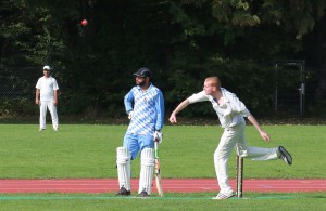 Barrett bowls the last MCC ball of the season at home © Philip Crebbin