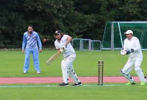 Batsman Khan Mahmud and keeper Waleed Basit look somewhat frightened © Philip Crebbin